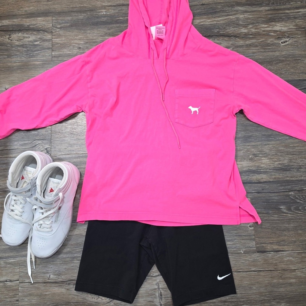 Pink Victoria's Secret Neon Pink Long Sleeve Hooded Pocket T-Shirt Small
